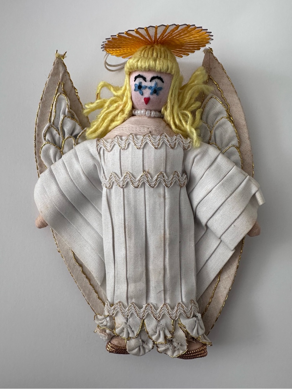 VINTAGE WHITE SILK EMBROIDERED ANGEL ORNAMENT